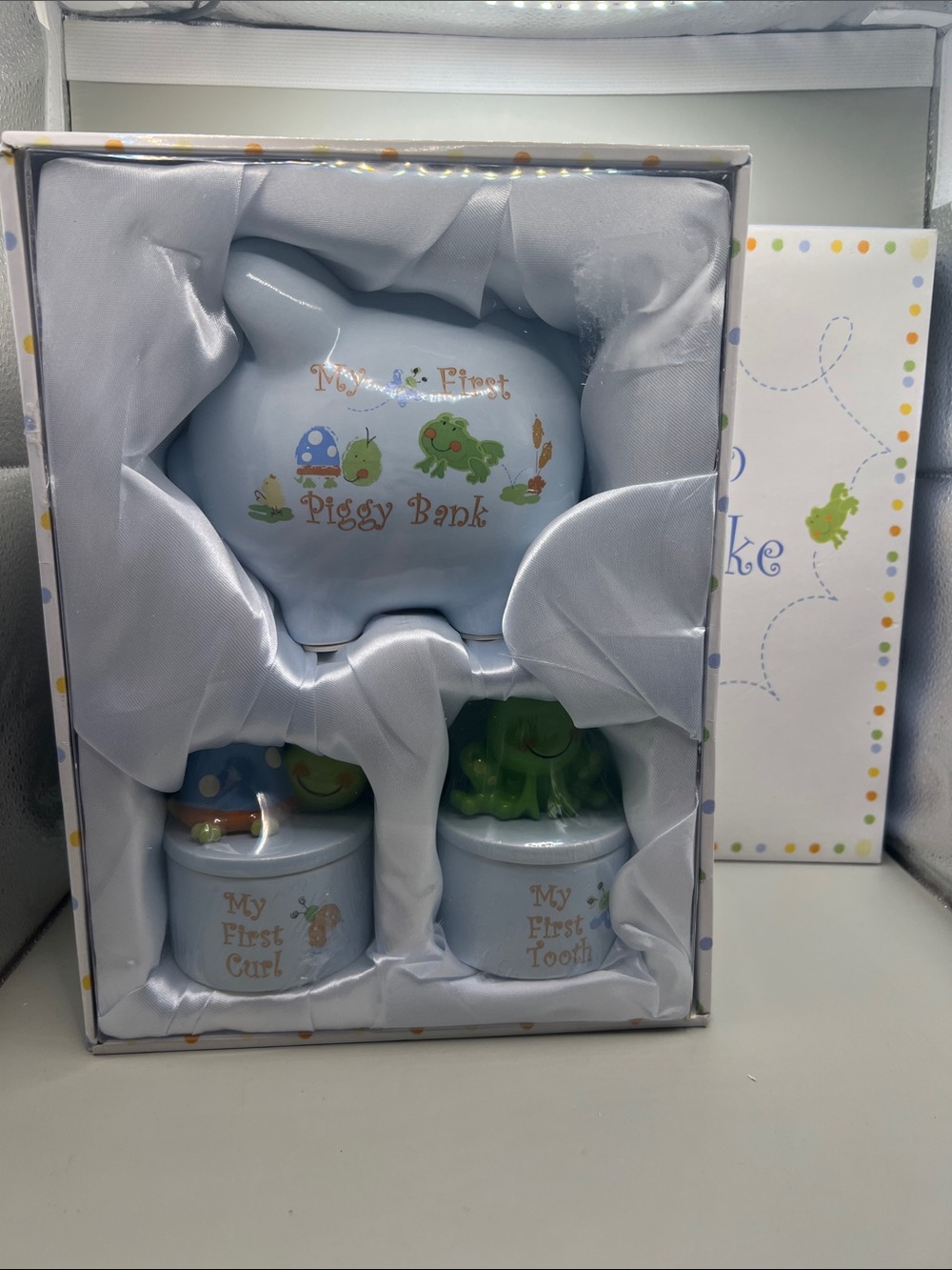 Baby Blue My First Piggy Bank, Tooth, and Curl Memento Set Frog Turtle So Cute!